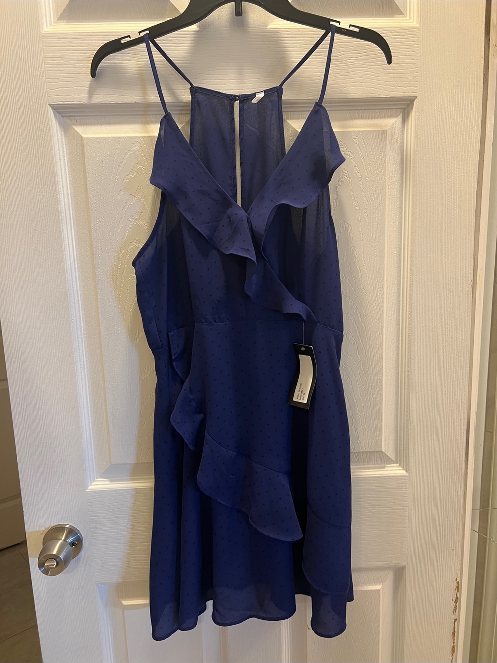 NWT Women's Ruffled Spaghetti-Strap Mini Dress in Navy with Black Polka Dots